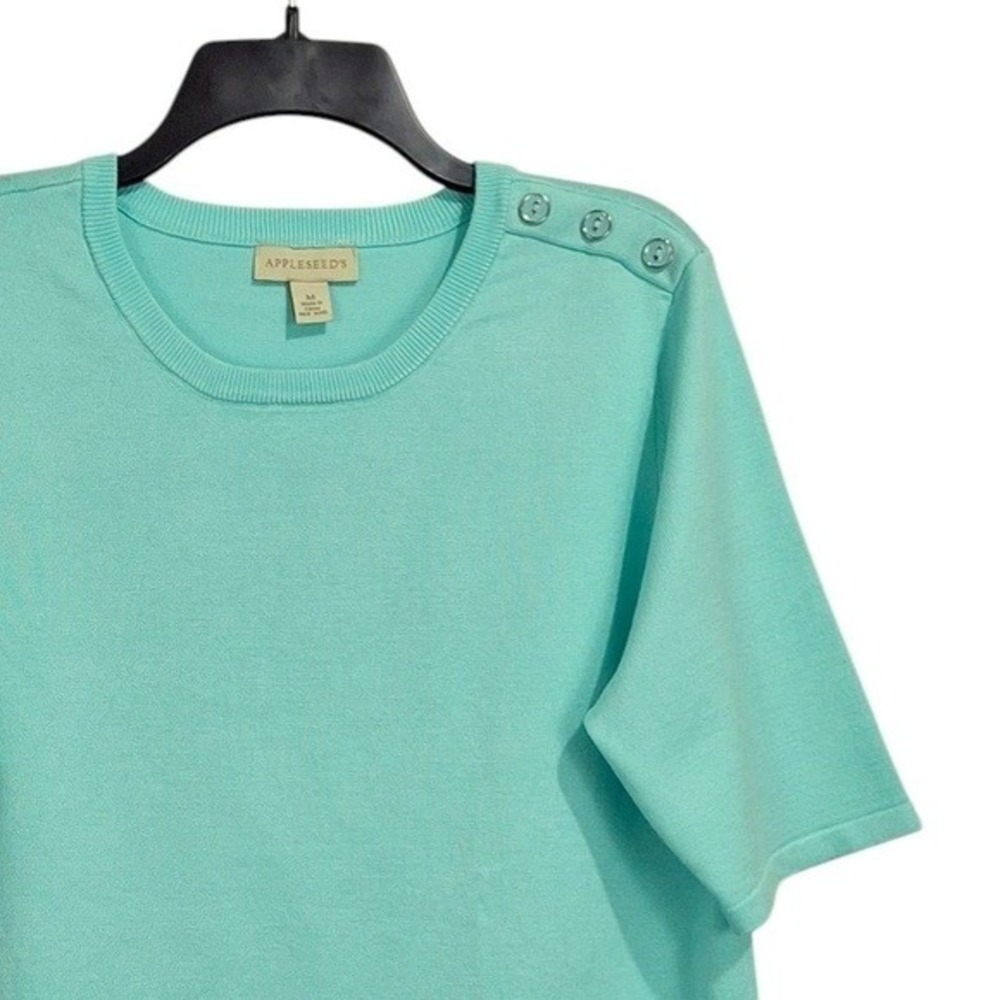 Appleseeds Womens Sweater M L Green‎ Rayon Short Sleeve Shoulder Button Detail